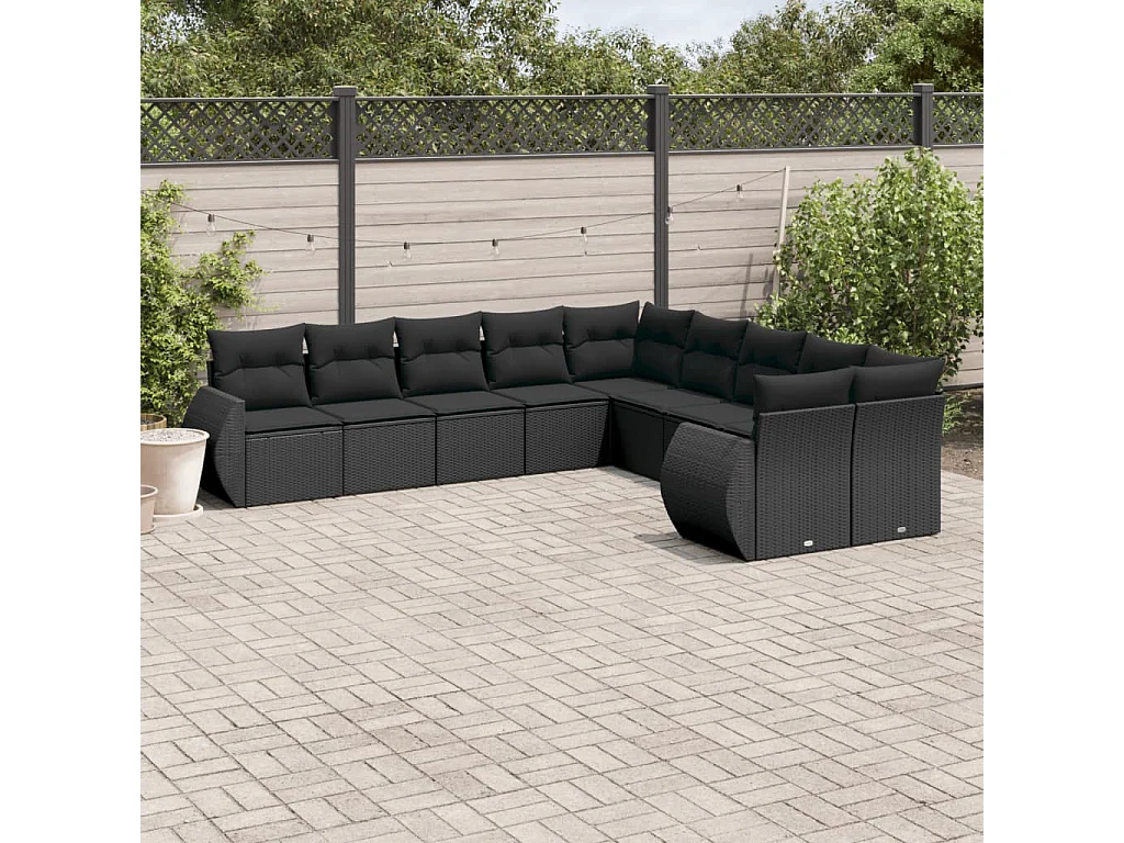 Garden Furniture - 10-tlg. Garten-Sofagarnitur mit Kissen Schwarz Poly Rattan