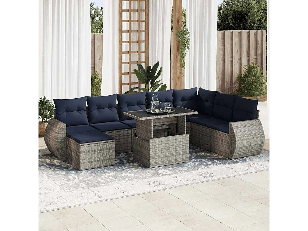 Garden Furniture - 9-tlg. Garten-Sofagarnitur mit Kissen Grau Poly Rattan Akazie