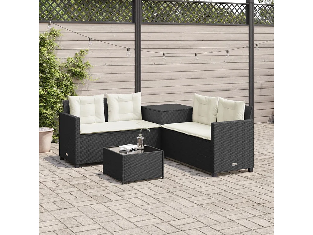 Sofá de jardim em forma de L c/ mesa e almofadões vime PE preto