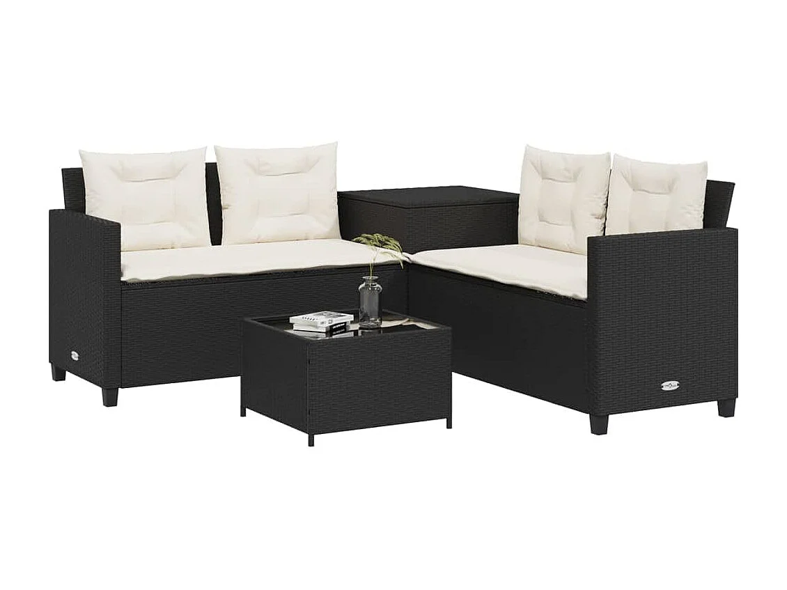 Sofá de jardim em forma de L c/ mesa e almofadões vime PE preto