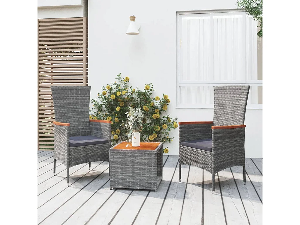 Garden Furniture - 3-tlg. Garten-Lounge-Set Grau Poly Rattan & Massivholz Akazie