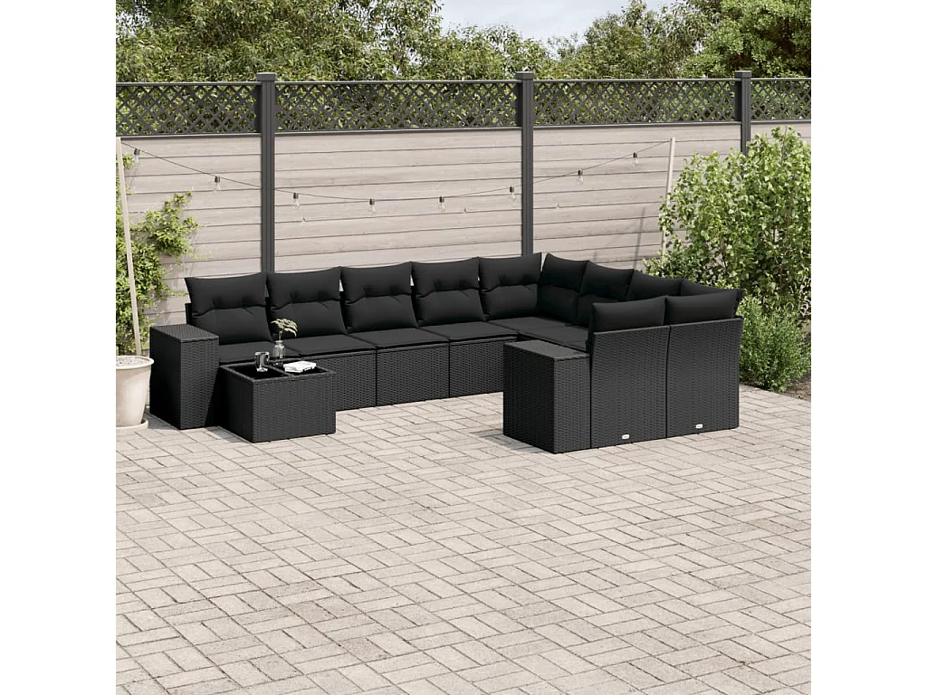Garden Furniture - Set Divani da Giardino 10pz con Cuscini in Polyrattan Nero