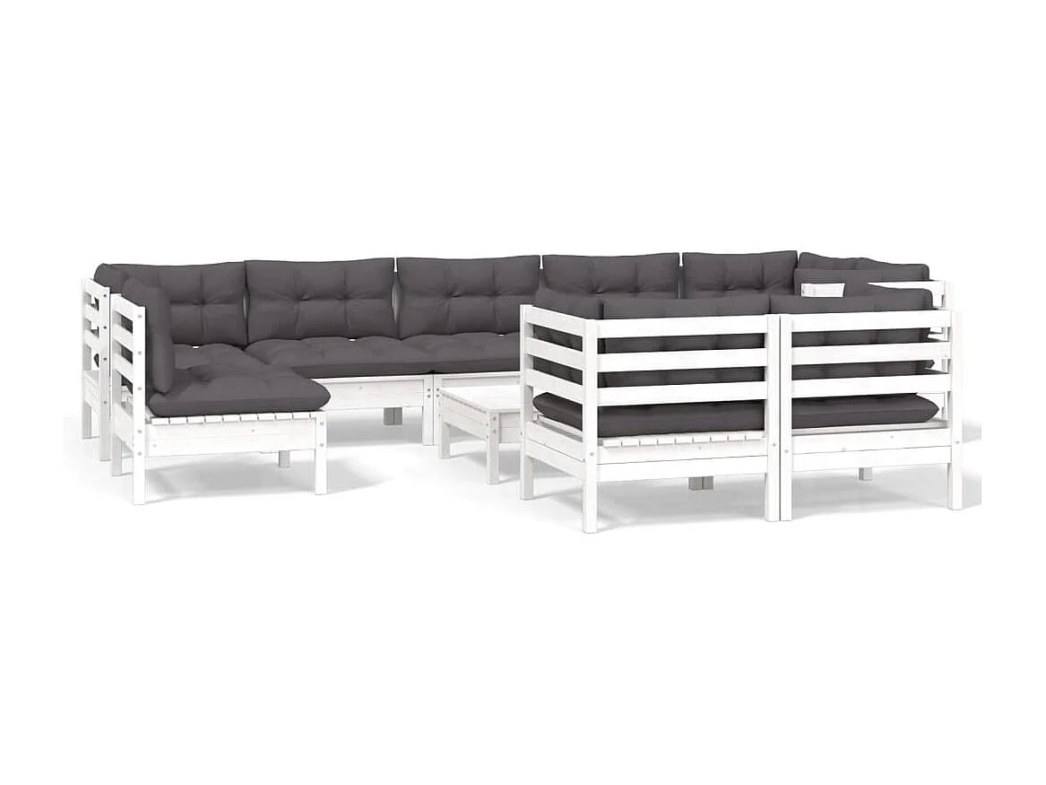 10 pcs conj. lounge de jardim c/ almofadões pinho maciço branco