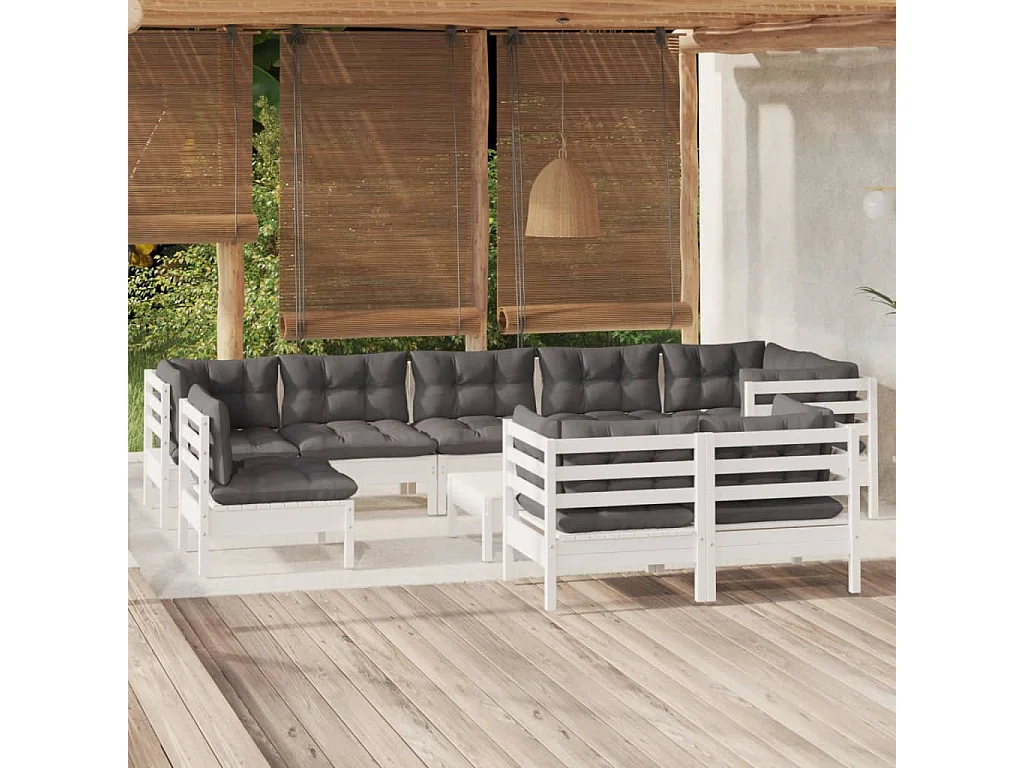 10 pcs conj. lounge de jardim c/ almofadões pinho maciço branco
