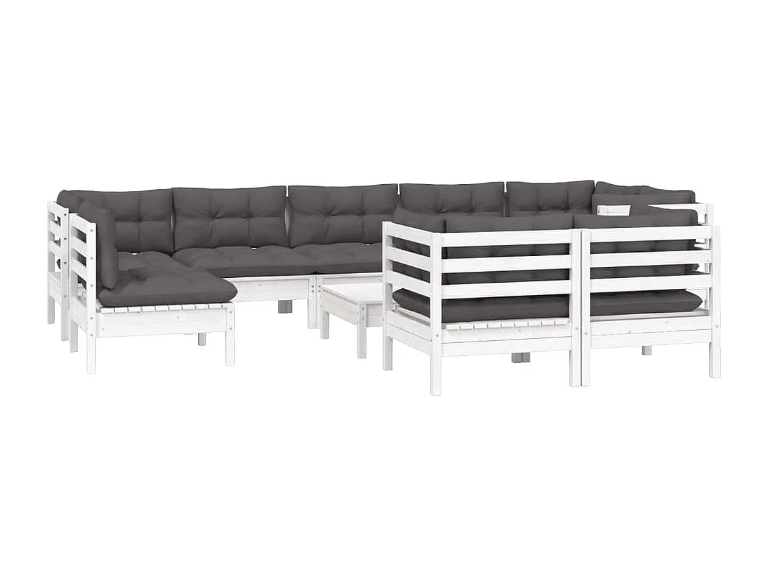 10 pcs conj. lounge de jardim c/ almofadões pinho maciço branco