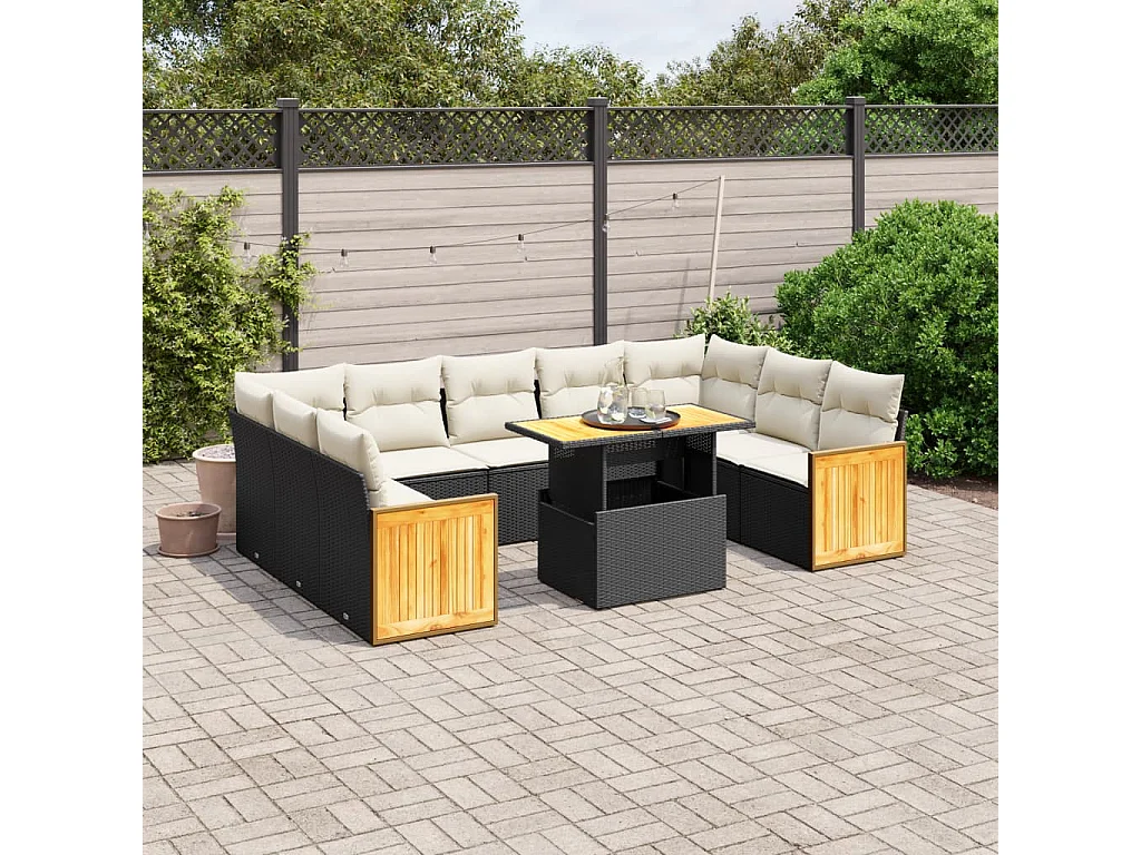 Garden Furniture - 10-tlg. Garten-Sofagarnitur mit Kissen Schwarz Poly Rattan