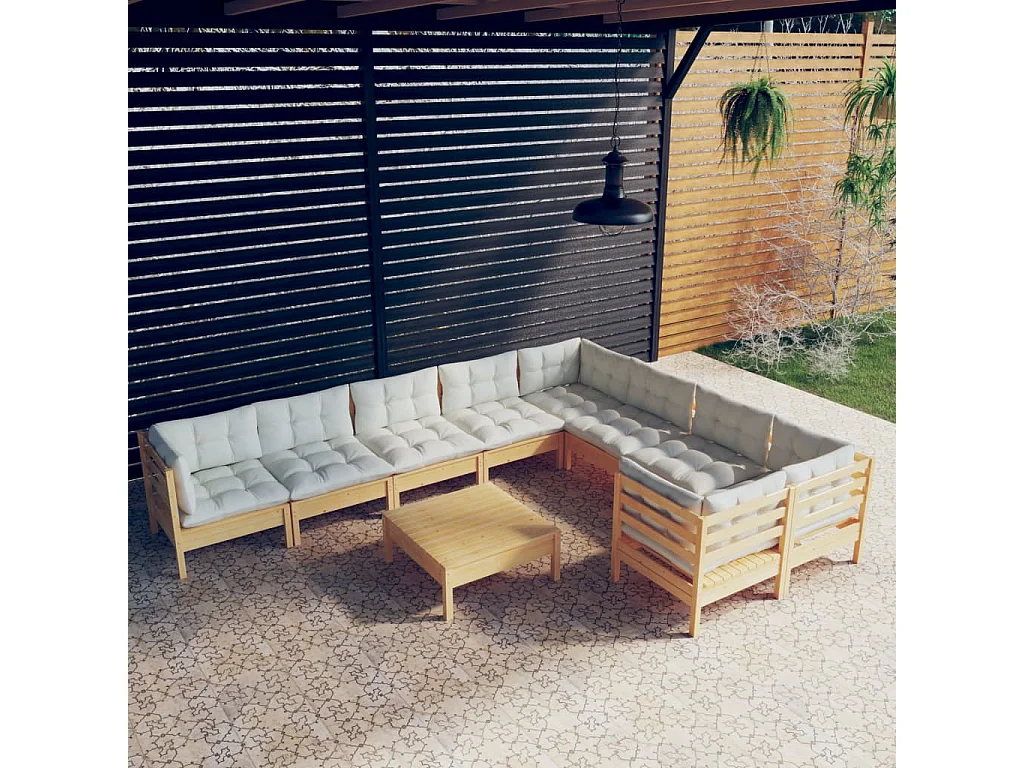 10 pcs conjunto lounge de jardim c/ almofadões cor creme pinho