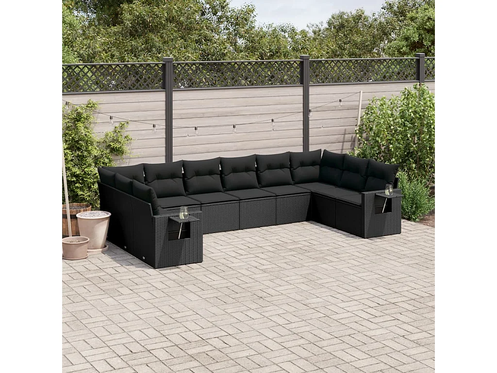 Garden Furniture - 10-tlg. Garten-Sofagarnitur mit Kissen Schwarz Poly Rattan