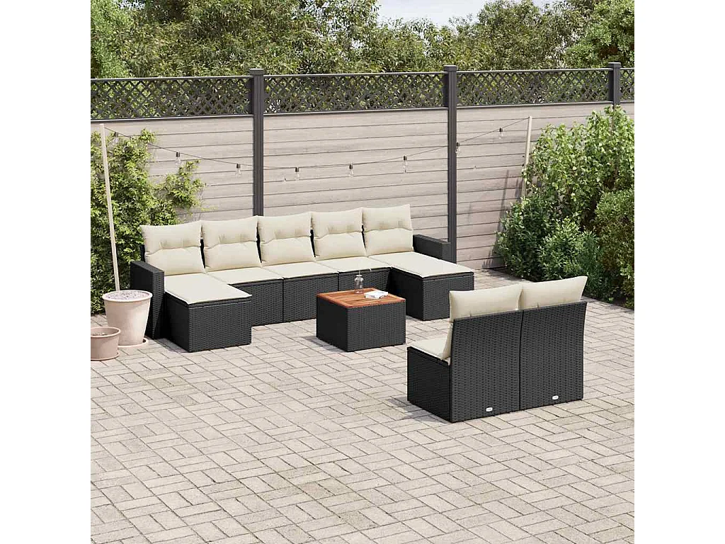 10 pcs conjunto sofás de jardim c/ almofadões vime PE preto