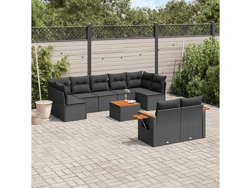 Garden Furniture - 10-tlg. Garten-Sofagarnitur mit Kissen Schwarz Poly Rattan