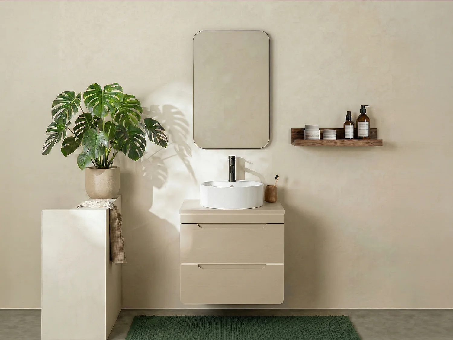 Meuble de salle de bain suspendu avec vasque à poser ronde - Beige - 60 cm - ARUBA