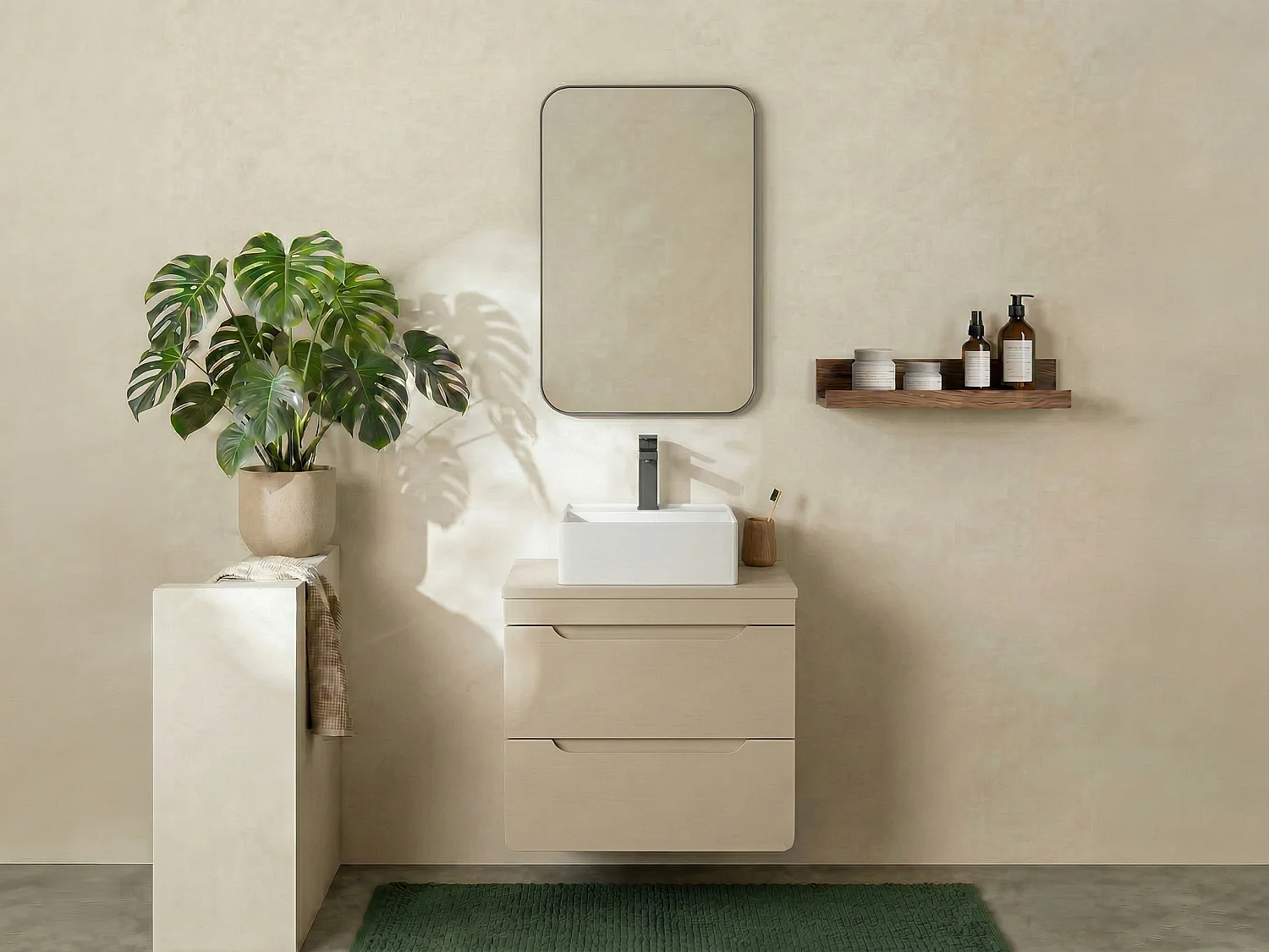 Meuble de salle de bain suspendu avec vasque à poser carrée - Beige - 60 cm - ARUBA