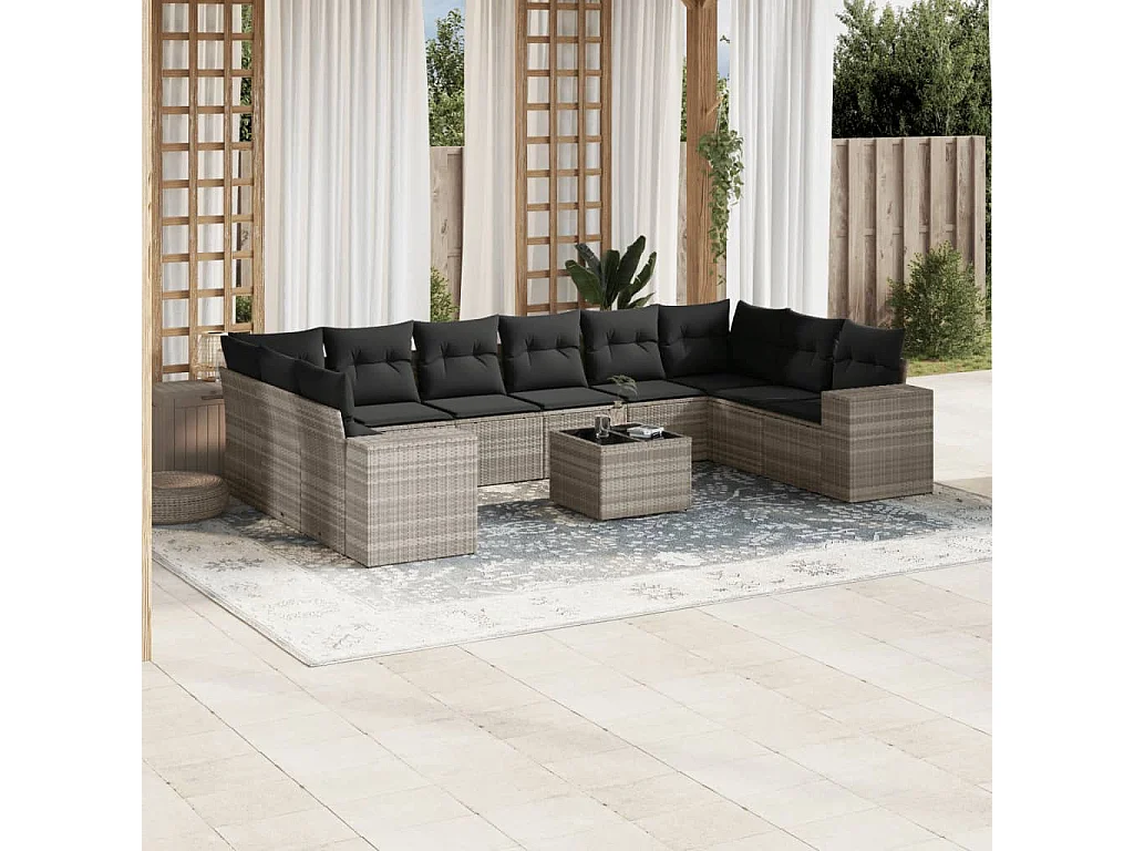 Garden Furniture - 11-tlg. Garten-Sofagarnitur mit Kissen Hellgrau Poly Rattan