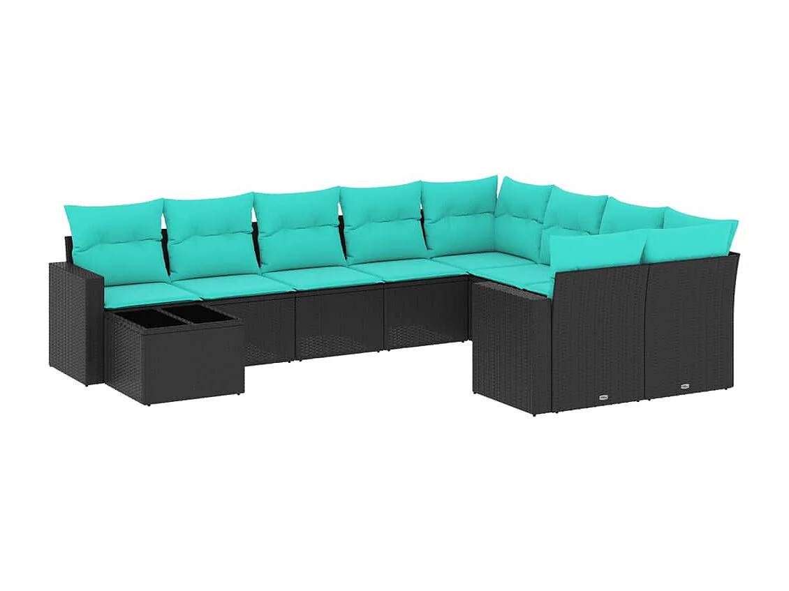 10 pcs conjunto de sofás p/ jardim c/ almofadões vime PE preto
