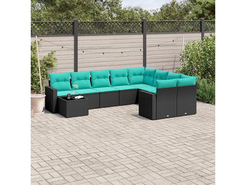10 pcs conjunto de sofás p/ jardim c/ almofadões vime PE preto