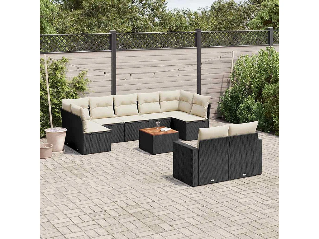Garden Furniture - 10-tlg. Garten-Sofagarnitur mit Kissen Schwarz Poly Rattan