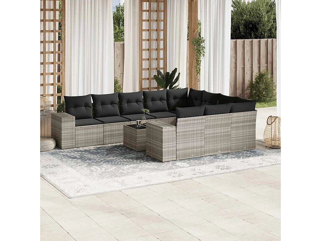 Garden Furniture - 11-tlg. Garten-Sofagarnitur mit Kissen Hellgrau Poly Rattan