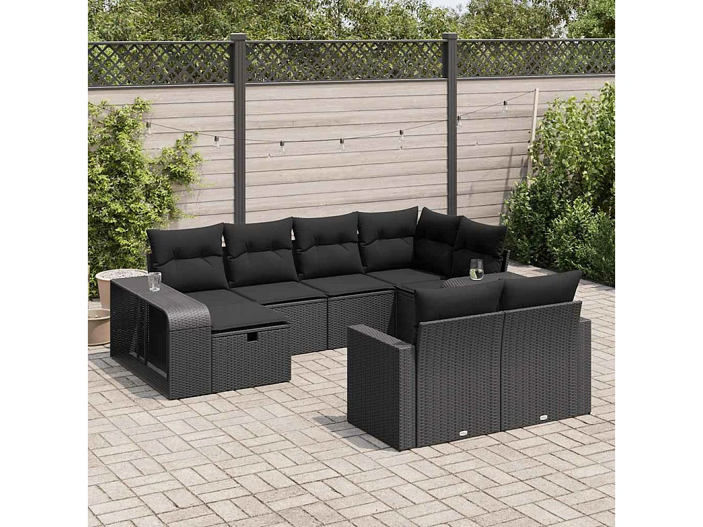 Garden Furniture - 10-delige Loungeset met kussens poly rattan zwart