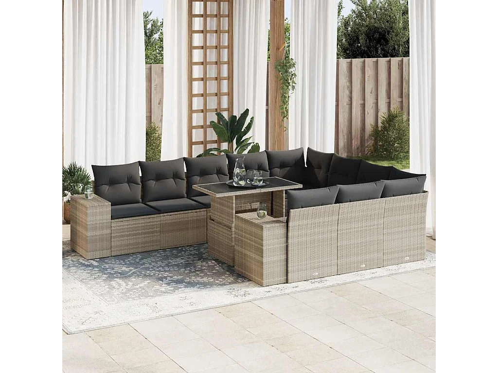 Garden Furniture - 11-tlg. Garten-Sofagarnitur mit Kissen Hellgrau Poly Rattan