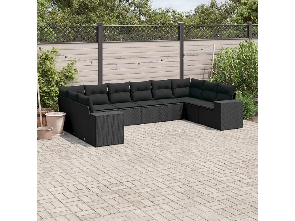 Garden Furniture - Set Divani da Giardino 10pz con Cuscini in Polyrattan Nero