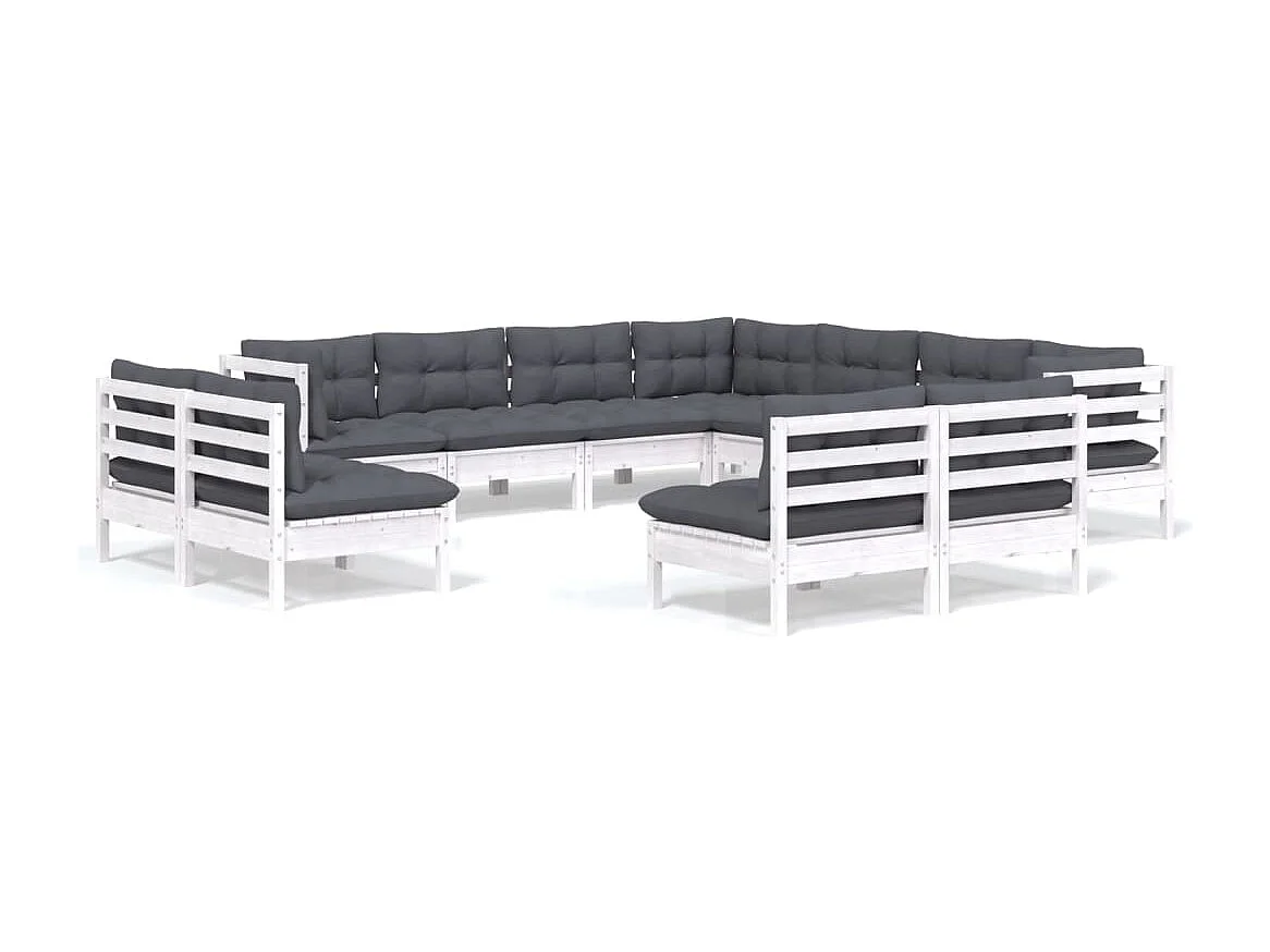 11 pcs conj. lounge de jardim c/ almofadões pinho maciço branco