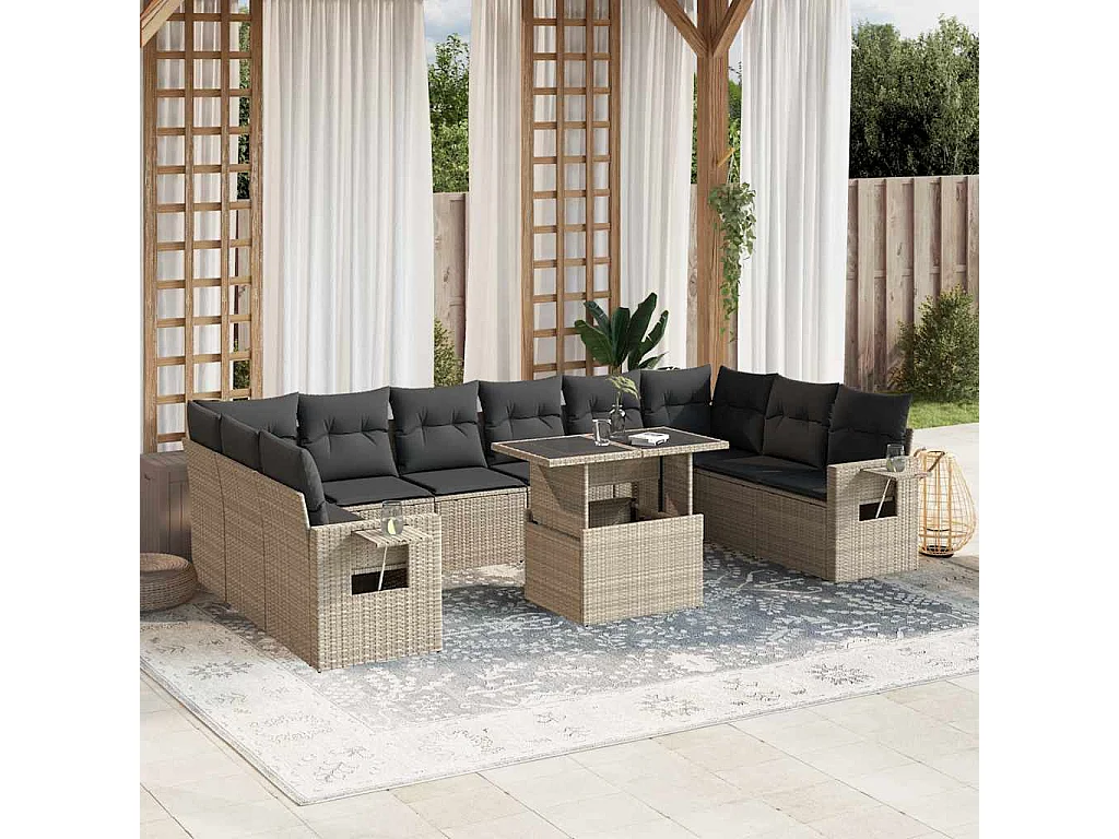 Garden Furniture - 11-tlg. Garten-Sofagarnitur mit Kissen Hellgrau Poly Rattan