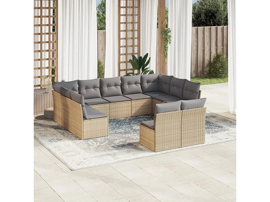 11 pcs conjunto sofás de jardim c/ almofadões vime PE bege
