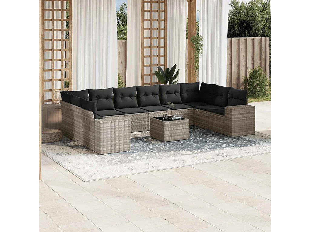 Garden Furniture - 11-tlg. Garten-Sofagarnitur mit Kissen Hellgrau Poly Rattan