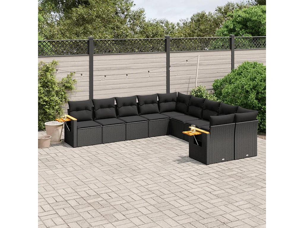 Garden Furniture - 10-tlg. Garten-Sofagarnitur mit Kissen Schwarz Poly Rattan