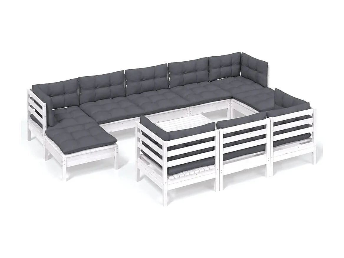 11 pcs conj. lounge de jardim c/ almofadões pinho maciço branco