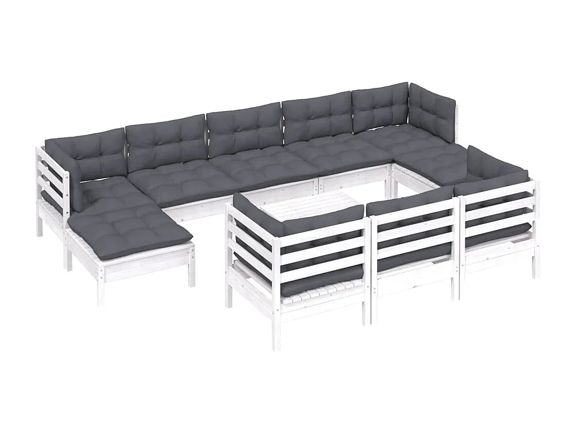 11 pcs conj. lounge de jardim c/ almofadões pinho maciço branco