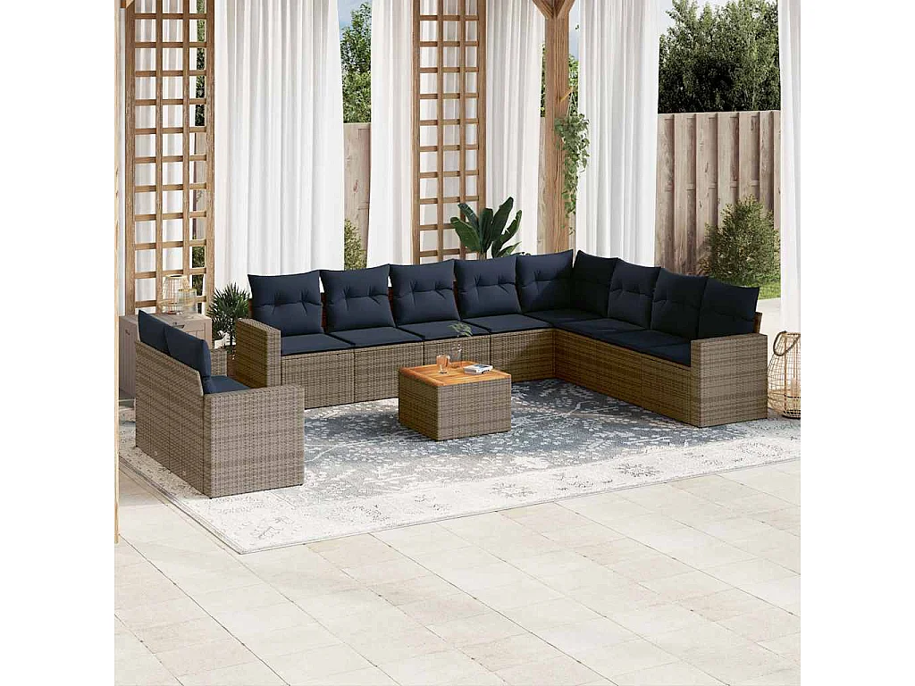 Garden Furniture - 11-tlg. Garten-Sofagarnitur mit Kissen Grau Poly Rattan