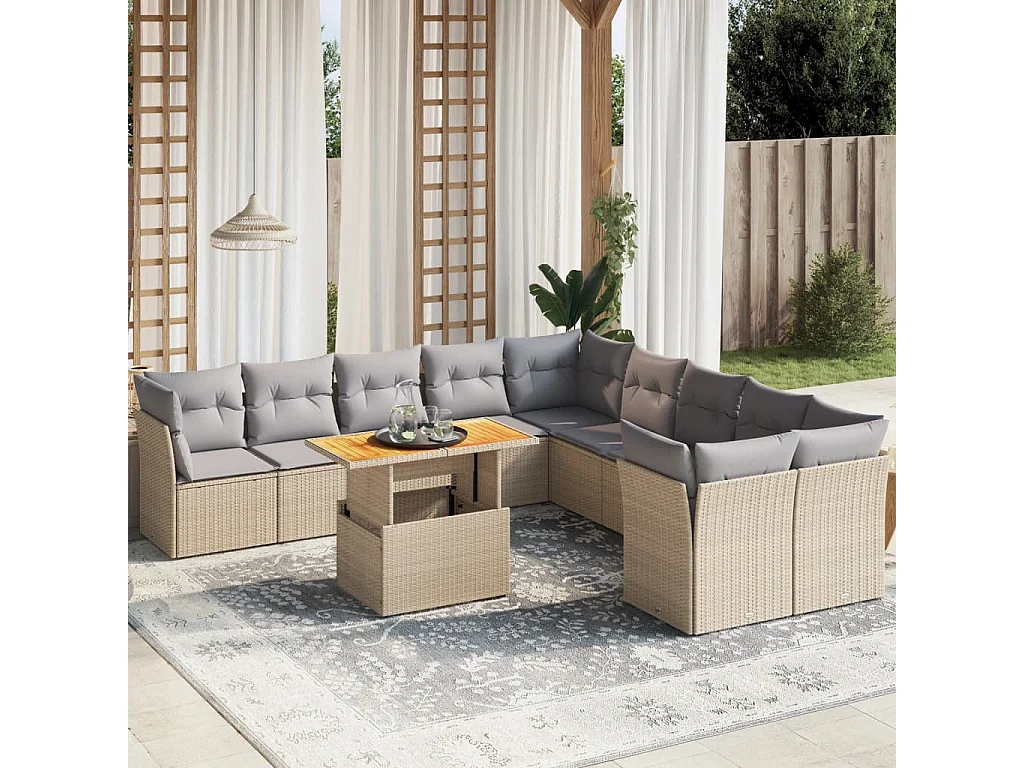 Garden Furniture - 11-tlg. Garten-Sofagarnitur mit Kissen Beige Poly Rattan