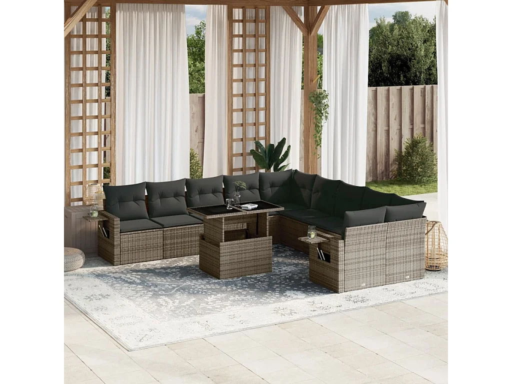 Garden Furniture - 11-tlg. Garten-Sofagarnitur mit Kissen Grau Poly Rattan