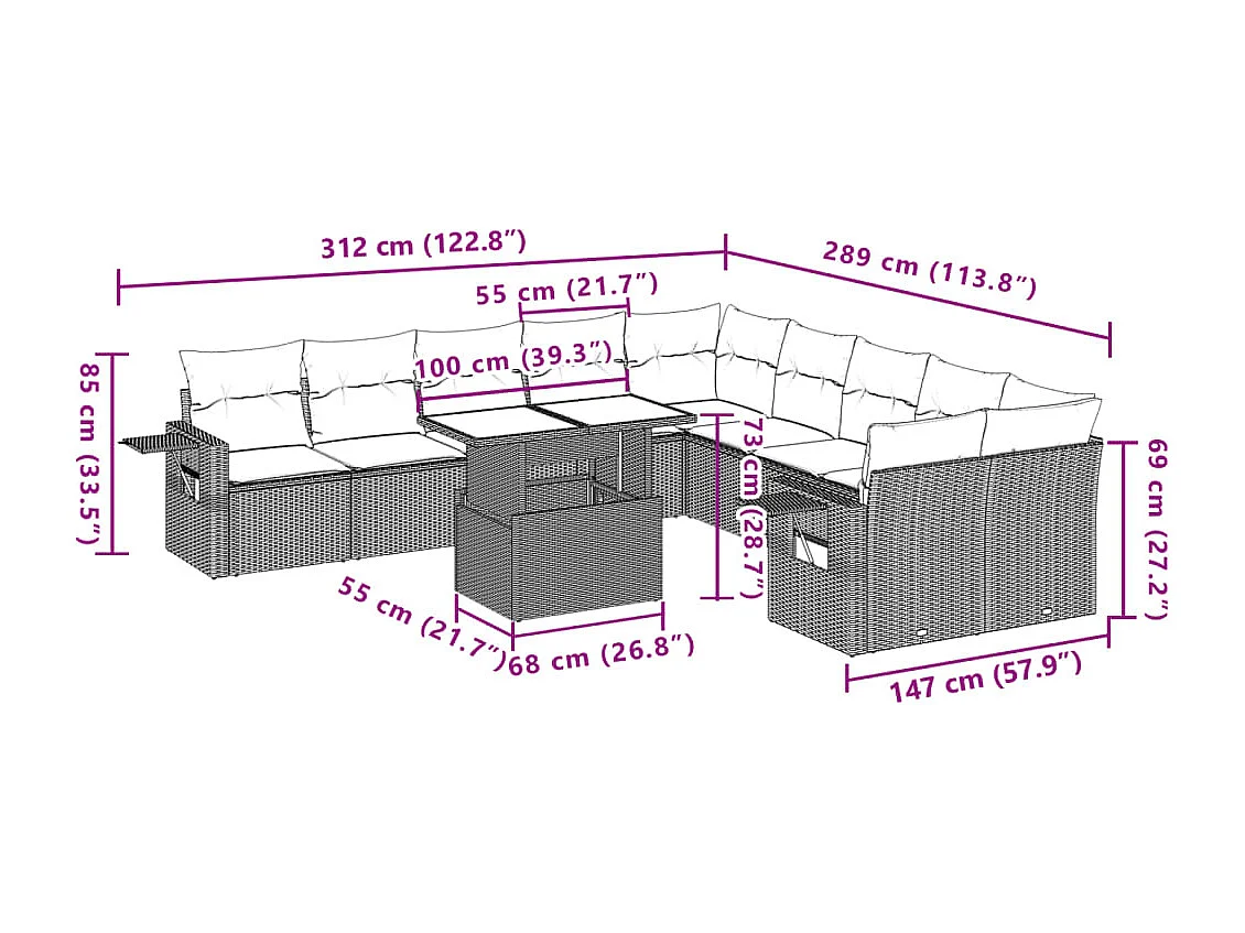 Garden Furniture - 11-tlg. Garten-Sofagarnitur mit Kissen Grau Poly Rattan
