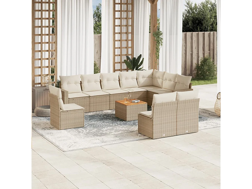 11 pcs conjunto sofás de jardim c/ almofadões vime PE bege