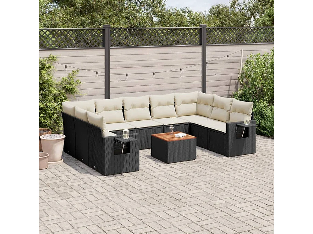 Garden Furniture - 10-tlg. Garten-Sofagarnitur mit Kissen Schwarz Poly Rattan