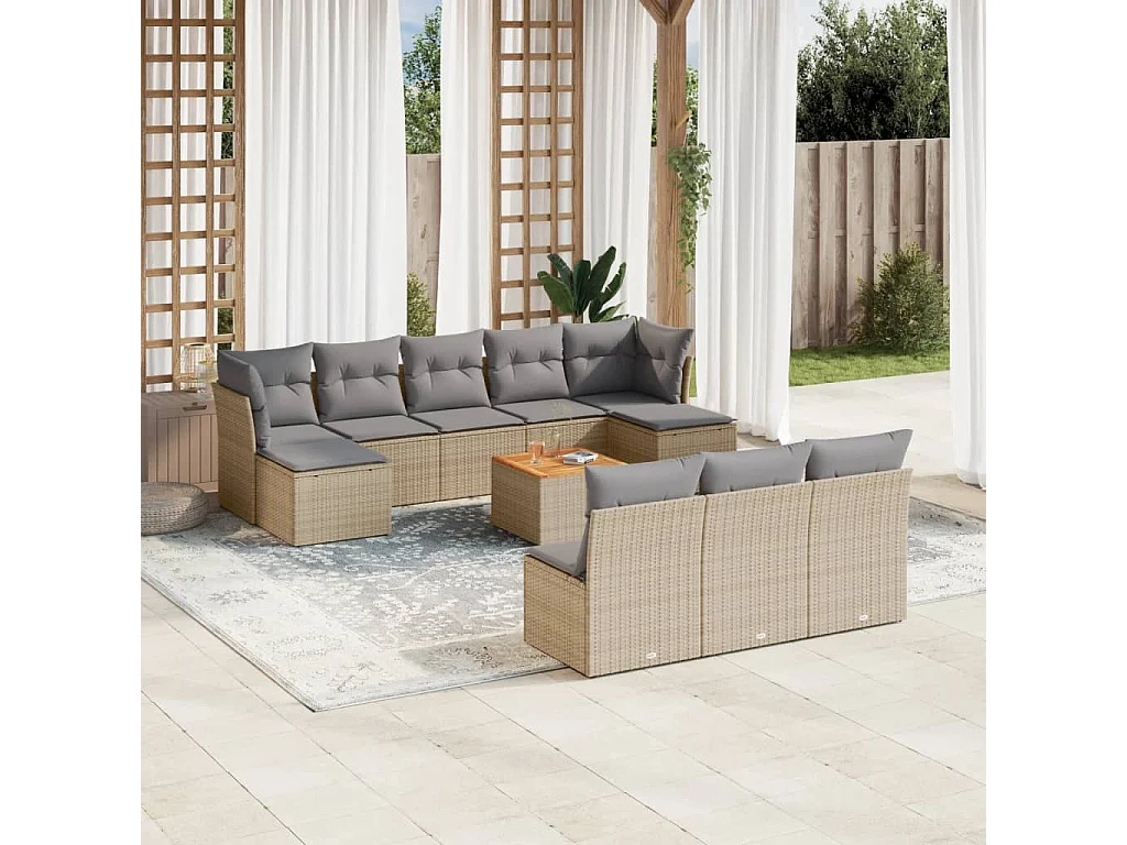 Garden Furniture - Set Divani da Giardino 11 pz con Cuscini Beige in Polyrattan