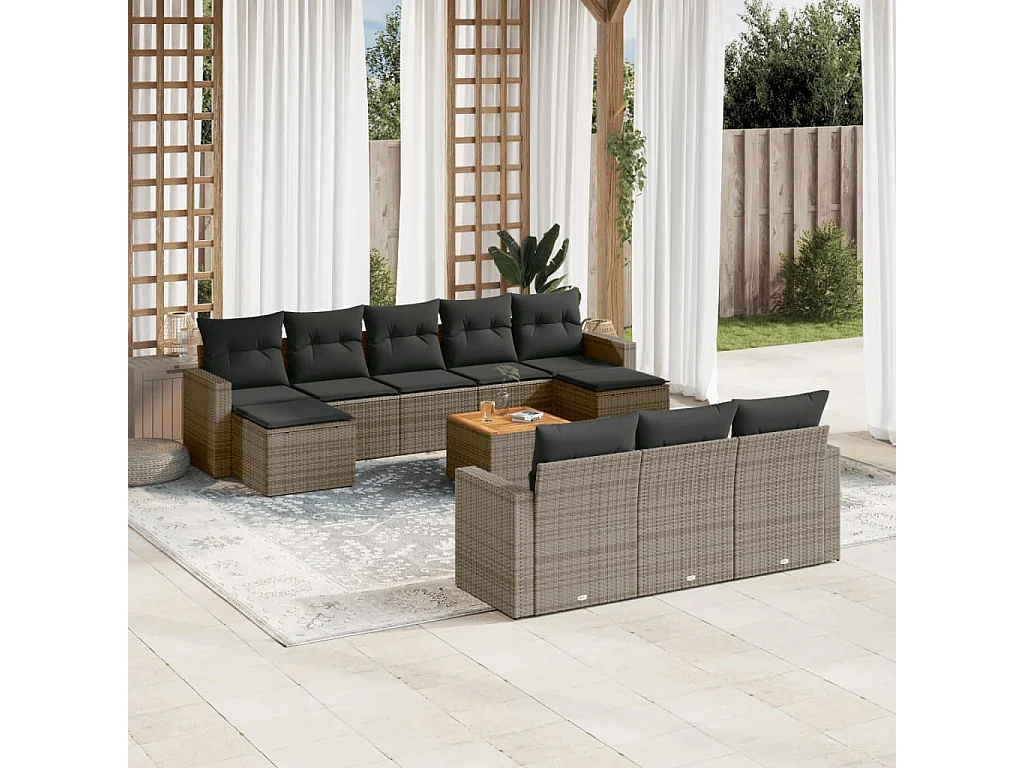 Garden Furniture - 11-tlg. Garten-Sofagarnitur mit Kissen Grau Poly Rattan