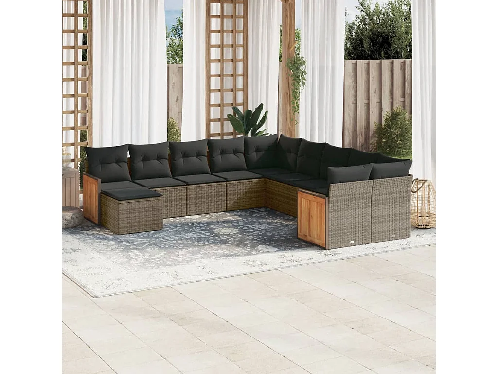 Garden Furniture - 11-tlg. Garten-Sofagarnitur mit Kissen Grau Poly Rattan