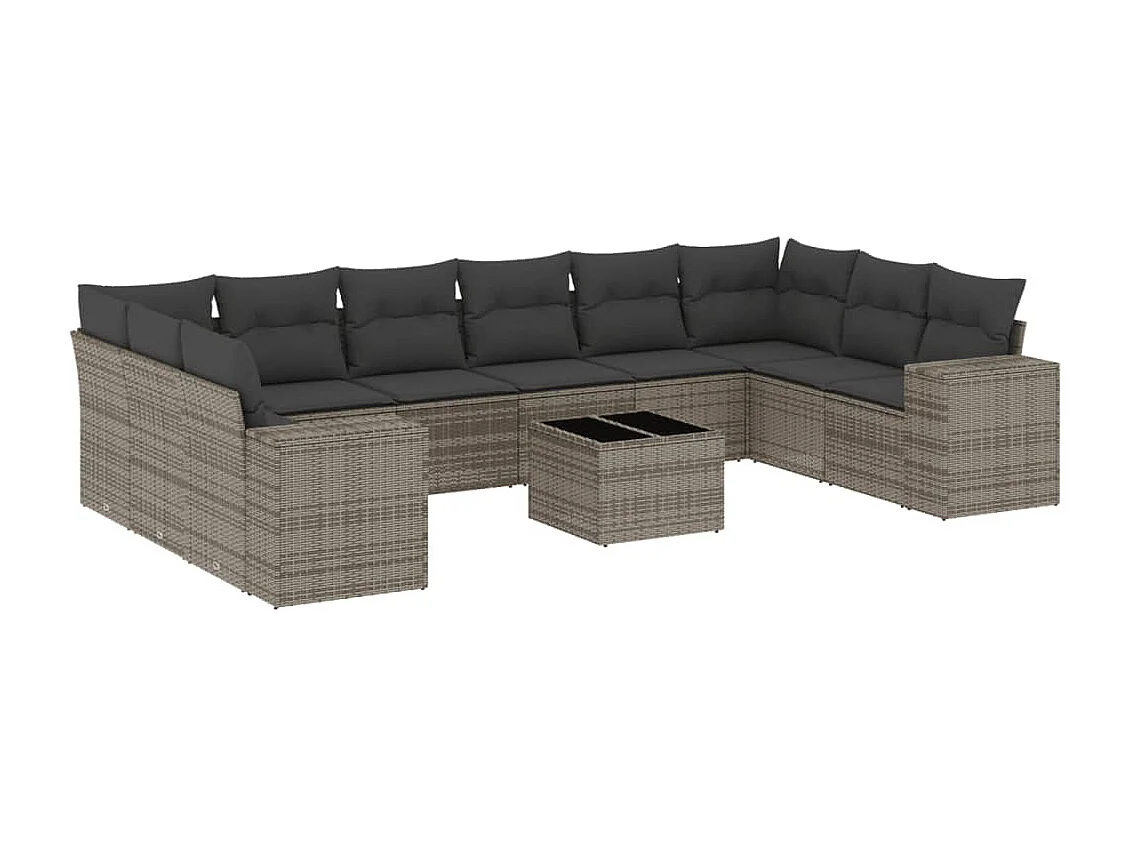 11 pcs conjunto sofás de jardim c/ almofadões vime PE cinzento