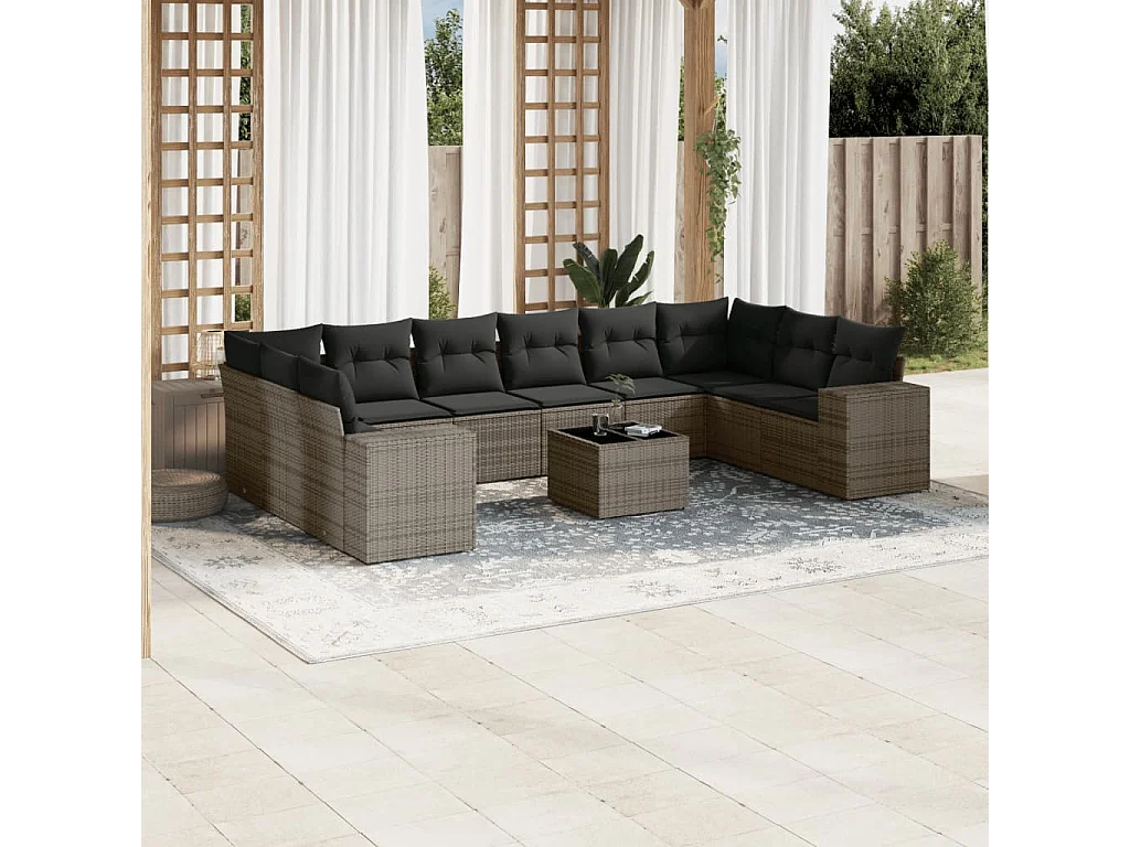 11 pcs conjunto sofás de jardim c/ almofadões vime PE cinzento