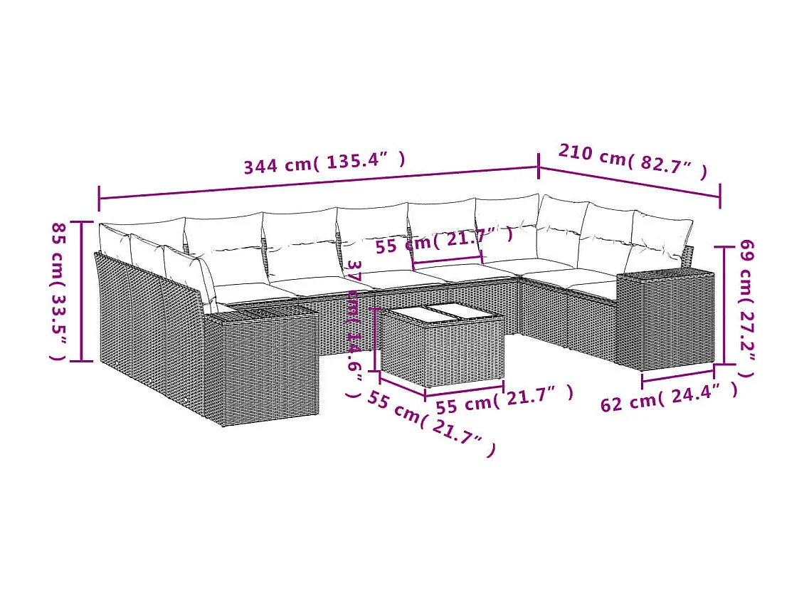 11 pcs conjunto sofás de jardim c/ almofadões vime PE cinzento