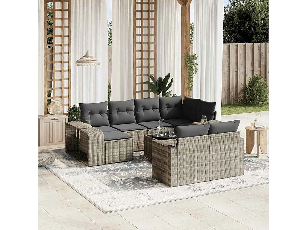 Garden Furniture - 11-tlg. Garten-Sofagarnitur mit Kissen Hellgrau Poly Rattan