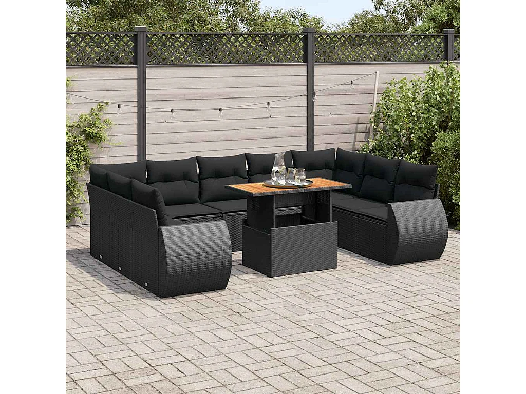 Garden Furniture - 10-tlg. Garten-Sofagarnitur mit Kissen Schwarz Poly Rattan