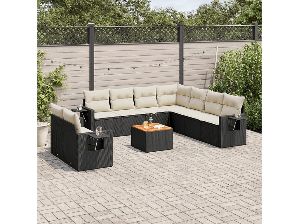 Garden Furniture - 10-tlg. Garten-Sofagarnitur mit Kissen Schwarz Poly Rattan
