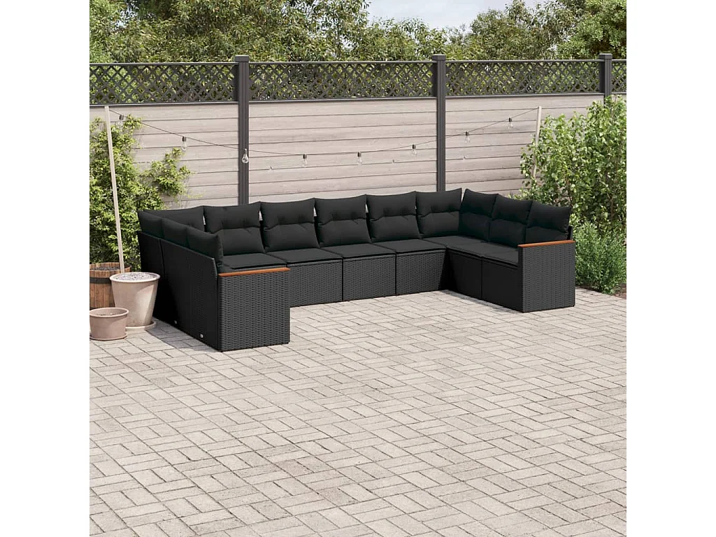 Garden Furniture - 10-tlg. Garten-Sofagarnitur mit Kissen Schwarz Poly Rattan