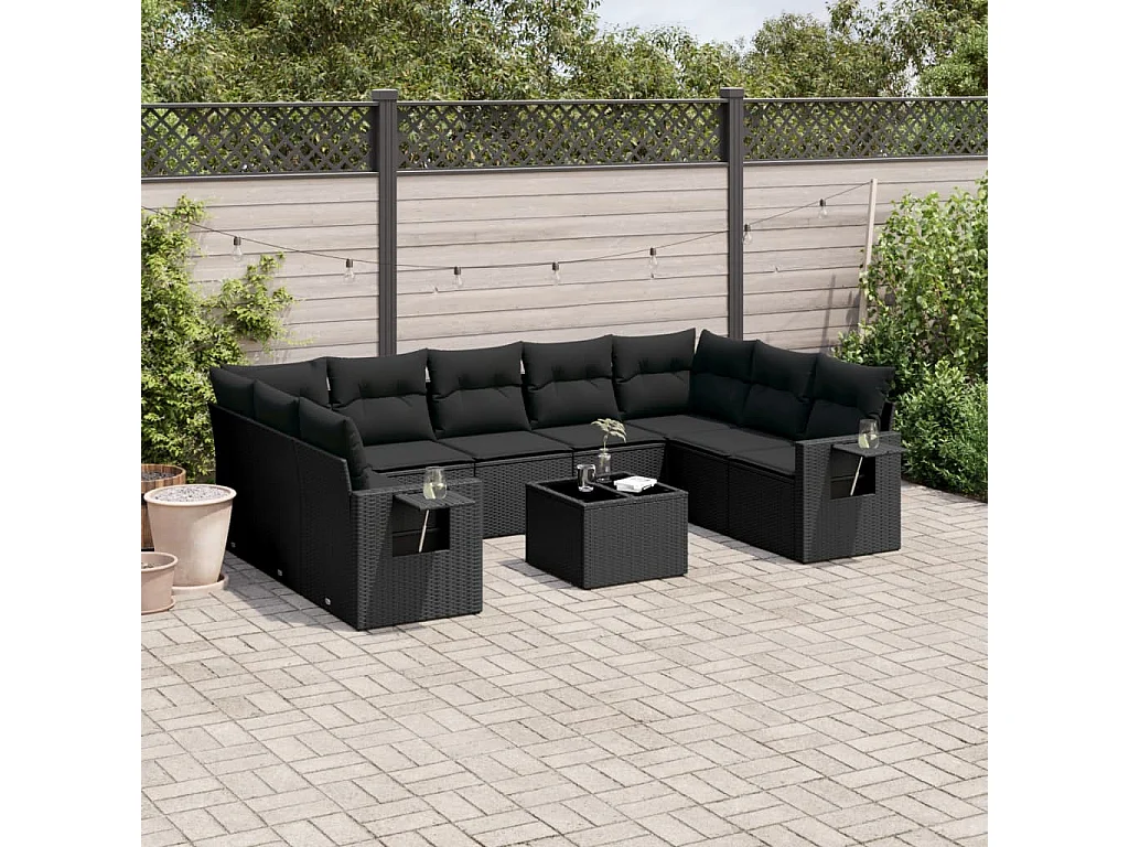 Garden Furniture - 10-tlg. Garten-Sofagarnitur mit Kissen Schwarz Poly Rattan