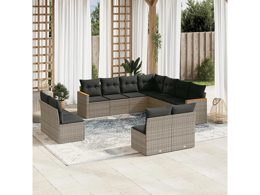 Garden Furniture - 11-tlg. Garten-Sofagarnitur mit Kissen Grau Poly Rattan