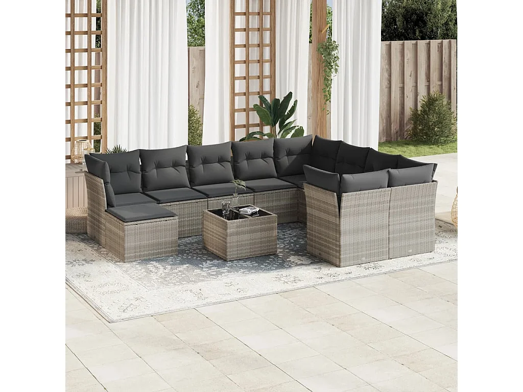 Garden Furniture - 11-tlg. Garten-Sofagarnitur mit Kissen Hellgrau Poly Rattan